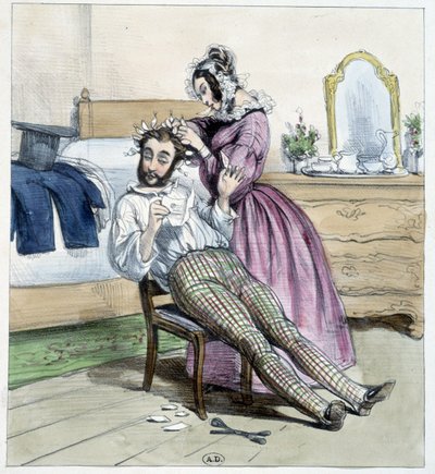 Humoristisk tegning på utroskapen til en dandy som blir laget med sin forlovedes brev - tegning av Unknown artist
