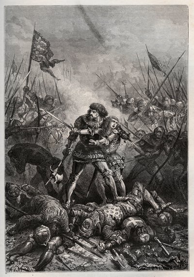 Hundreårskrig: Kongen av Frankrike John II den gode og hans sønn Filip II av Burgund (1342-1404), kjent som «Philippe le Hardi», kjempet mot engelskmennene i slaget ved Poitiers 19.09.1356) (Kong av Frankrike Johannes II av Frankrike (1319-1364) og sønnen  av Unknown artist
