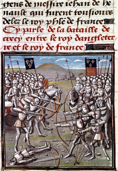 Hundreårskrig: slaget ved Crecy 26.08.1346 mellom franskmennene og engelskmennene. Miniatyr fra Chronicles of Jean Froissart (1337-1400) av Unknown artist