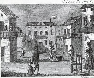 Il Campiello Act I - Carlo Goldoni (1707-1793) - Gravering av 1700-tallet av Unknown artist