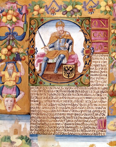 Opplyst portrett av keiser Karl V (1500 - 1558). Detalj av en "" executoria"" av Unknown artist