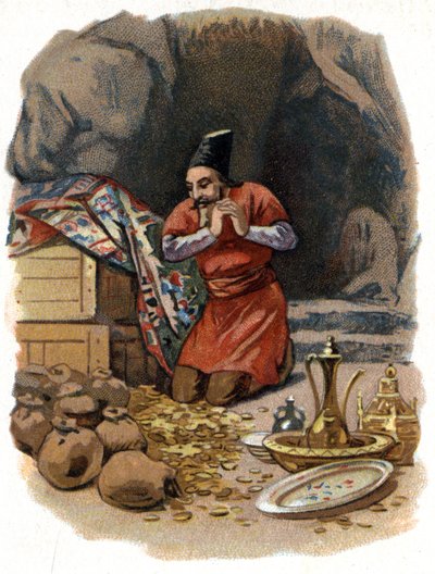 Illustration for the Tales of the Thousand and One Nights. Ali Baba (Ali-Baba) enters the rock, saying, Sesame opens you and sees gold barrels. Chromolithography around 1890. av Unknown artist