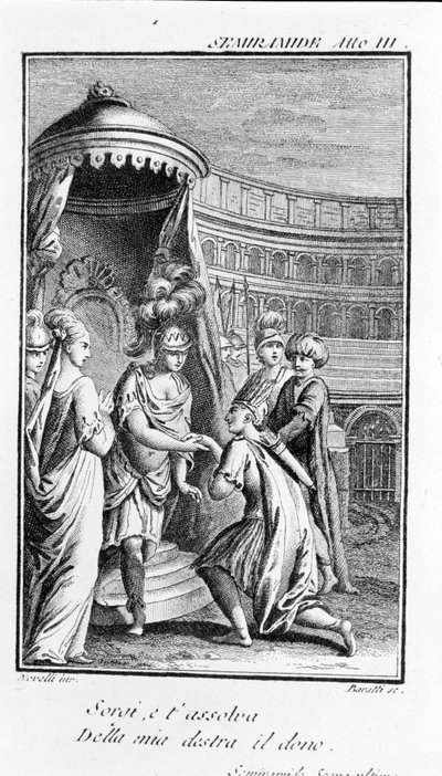 Illustrasjon av Sémiramis, opera av Antonio Salieri (1750 - 1825). Hefte av Pierre Metastase (eller Pietro Metastasio). Akt III, siste scene. av Unknown artist