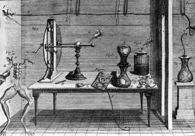 Illustrasjon av eksperimenter av Luigi Galvani, italiensk fysiker og lege (1737 - 1798) som forklarer passasjen av elektrisk strøm som beveger bena til en frosk. av Unknown artist