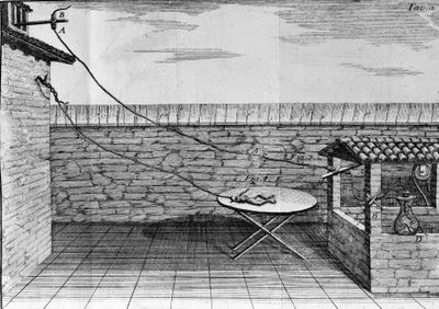 Illustrasjon av eksperimenter av Luigi Galvani, italiensk fysiker og lege (1737 - 1798) som forklarer passasjen av elektrisk strøm som beveger bena til en frosk. av Unknown artist