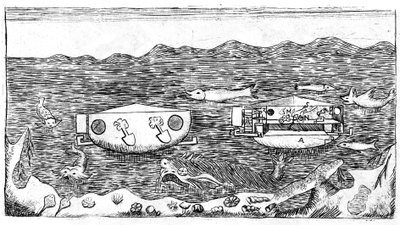 Illustration of the end of the 18th century on how to navigate under water in “” Nuovo trattato sulla vera rettificazione del circolo misurato esattmente con il diametro, utile alla trigonometria... Con una dissertazione sul modo di navigare sott