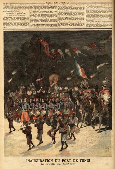 Innvielse av havnen i Tunis, i nærvær av de franske ministrene Raymond Poincare (1860-1934) og Eugene Guerin (1849-1929). Gravering i "" Le petit journal"" 10.06.1893. Selvas samling. av Unknown artist
