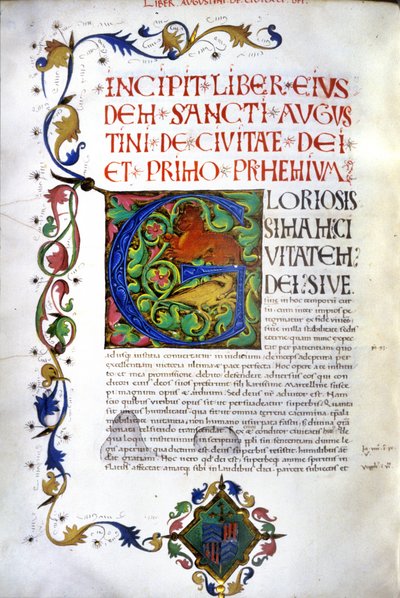 Begynnelsen av manuskriptet til "De civitate dei" av Saint Augustine. 1400-talls manuskript. Milano, Bibl, Trivulziana. av Unknown artist