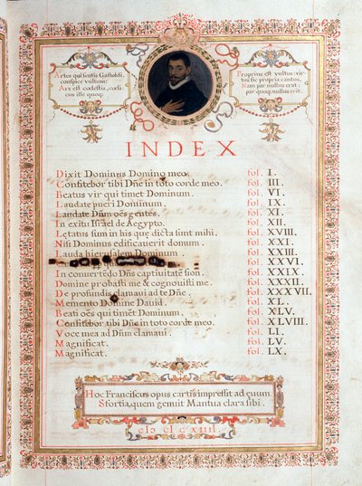 Indeksside med portrett av Giovanni Giacomo Gastoldi av Unknown artist