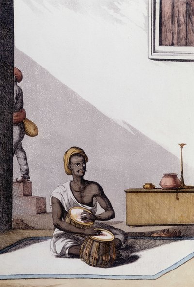 Indisk kultur og sivilisasjon: musiker som spiller tabla, tradisjonelt musikkinstrument, India. Gravering 1808. av Unknown artist