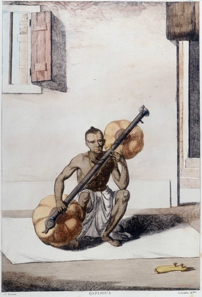 Indisk kultur, sivilisasjon og samfunn: musiker med tradisjonelt indisk strengeinstrument. Gravering fra 1808. av Unknown artist