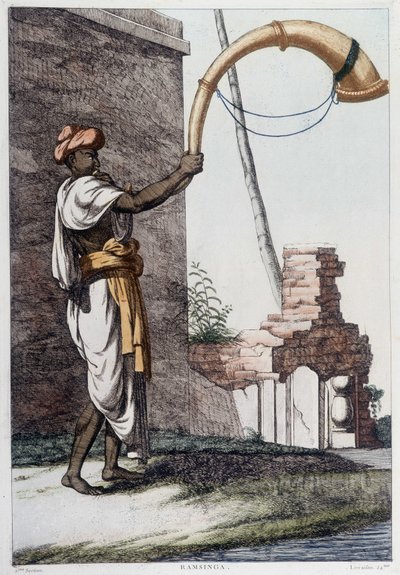 Indisk kultur, sivilisasjon og samfunn: musiker med tradisjonelt indisk blåseinstrument (Sournae). Gravering fra 1808. av Unknown artist