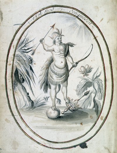 Indianer fra Canada med piler og bue - frontsiden av manuskriptet "" Dialog eller intervju av en franskmann med en villmann" av Unknown artist