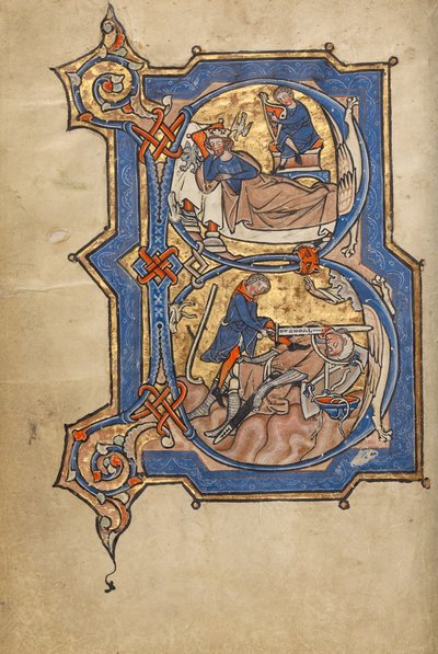 Initial B: David spiller harpe for Saul og David og Goliat av Unknown artist