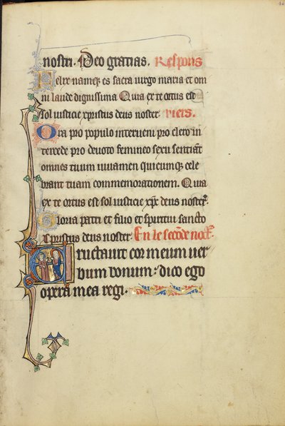 Initial E: Jomfru Maria og en apostel i samtale av Unknown artist