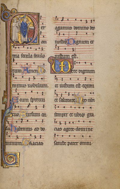 Initial P: En prest og en tjener foran et alter av Unknown artist