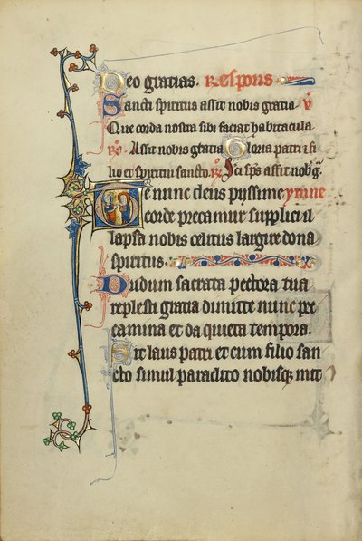 Initial T: En nimbed geistlig og en kvinnelig helgen av Unknown artist