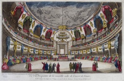 Interiør i en konsertsal i Venezia. 1700-talls gravering. av Unknown artist