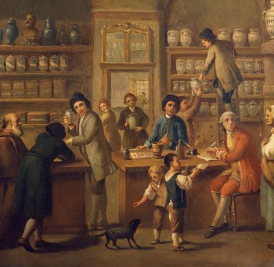 Interiør i et apotek, maleri av en ukjent kunstner av Unknown artist