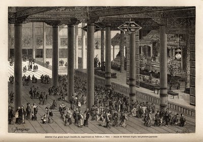Innvendig visning av et stort buddhistisk tempel, tilhørende Taikoun (temporal hersker av Japan) i Yedo (eller Edo, keiserlig hovedstad, dagens Tokyo). Gravering for å illustrere reisen til Japan, i 1863-1864, av Aime Humbert, minister for det sveitsiske k av Unknown artist
