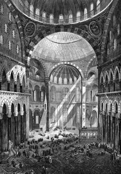 Innvendig utsikt over moskeen Saint Sophia (Hagia Sophia) (bysantinsk kunst fra 600-tallet) i Konstantinopel i 1858. av Unknown artist