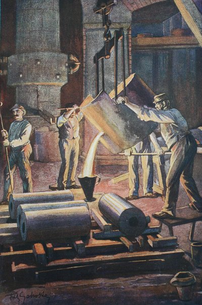 Jernstøperi, støperihus, formstøping av det smeltede jernet av Unknown artist