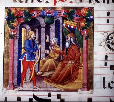 Isak inviterer Esau til å jakte. 1400-talls manuskript. Antifonikum fra 1400-tallet. Biblioteket i Lodi av Unknown artist