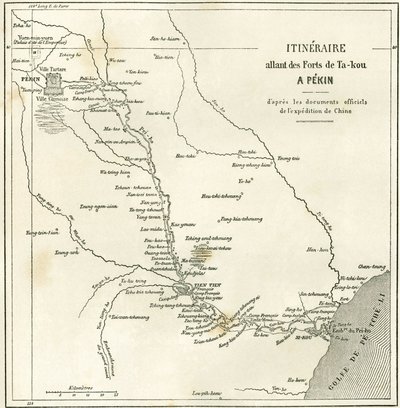 Reiserute langs Hai He-elven nær Tien Tsin (Tien-Tsin, Tianjin) til Pekin (Beijing), Kina. Kart, i "" Le Tour du Monde, New Journal of Travels "", redigert av Edouard Charton, Paris av Unknown artist