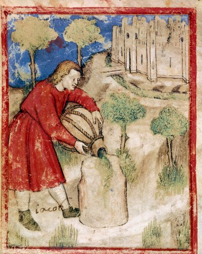 Jakob helte olje på steinen som hadde tjent ham som en miniatyrpute fra codex 212 (eller padovano codice eller Bible of Padua) 1390-1400 Rovigo, Accademia dei Concordi av Unknown artist