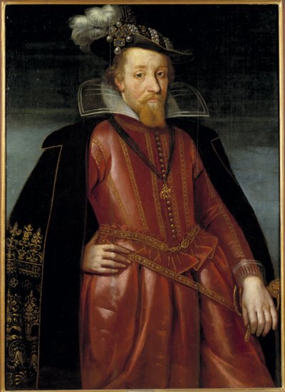 James Stuart, James VI, konge av Skottland og James I, konge av England og Irland - Portrett av kong James I av England (1566-1625), Anonym . Olje på tre. Størrelse: 115x86cm. Nationalmuseum Stockholm av Unknown artist