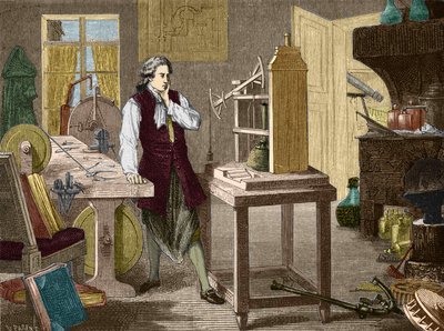 James Watt studying the perfecting of the Newcomen machine (1767) (steam engine) - in “” Album of Science; illustrious scientists; Great discoveries””” 1896. av Unknown artist