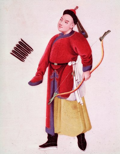 Japansk keisers jaktdrakt. Han er bevæpnet med bue og piler. Akvarell fra 1700-tallets Venezia, Biblioteca Marciana av Unknown artist