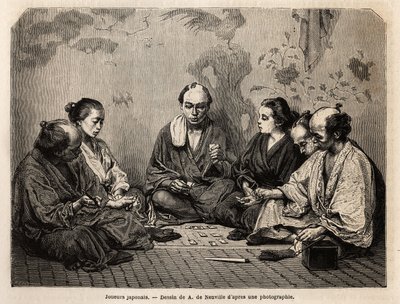 Japanske spillere i midten av kortene. Gravering for å illustrere Japan, reisehistorie av Aime Humbert, minister for det sveitsiske konføderasjonen, i 1863-1864, publisert i "Le tour du monde, nouveau journal des voyages", under ledelse av Edouar av Unknown artist