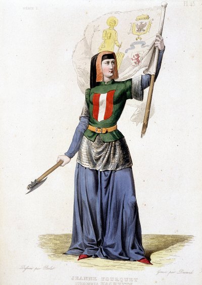 Jeanne Laisné, kjent som Jeanne Fourquet, med kallenavnet Jeanne Hachette French Heroine (1456 til?). gravering fra 1835 av Unknown artist