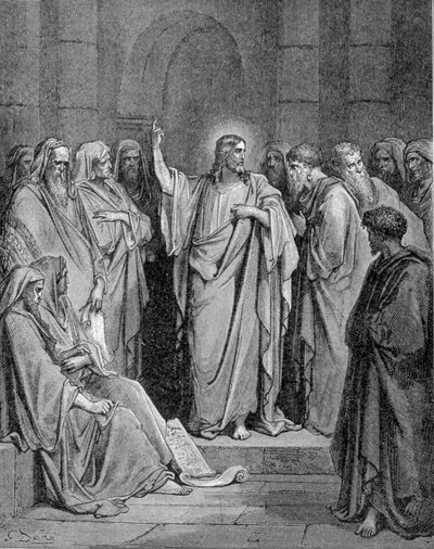 Jesus Kristus i synagogen. I følge evangeliet ifølge Lukas. av Unknown artist