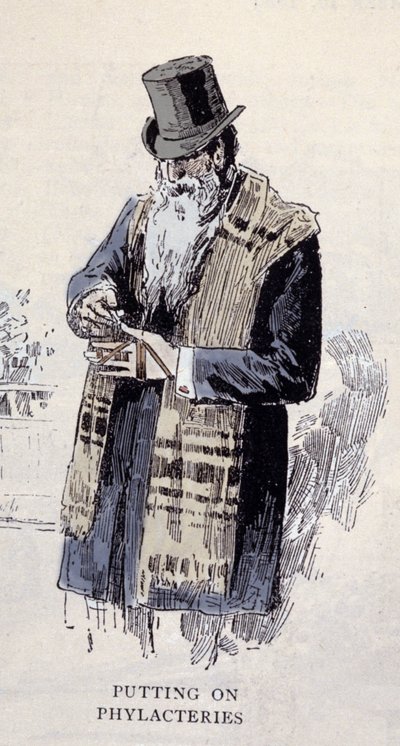 Jødisk religion: en gammel jødisk mann iført bønnelime (Talit eller Tzitzit), gravering fra 1890 av Unknown artist