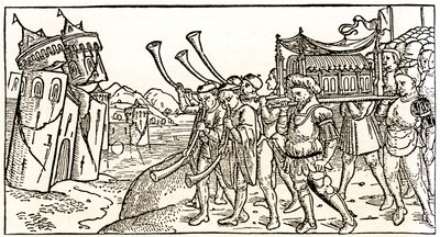 Jøder bærer Paktens Ark foran Jerikos kollapsende murer av Unknown artist