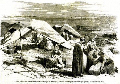 Jøder fra Marokko som kommer for å søke tilflukt i Algesiras i Spania på midten av 1800-tallet (gravering) av Unknown artist