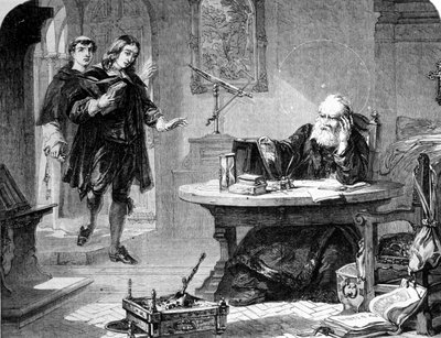 John Milton, engelsk poet og essayist (1608 - 1674) besøkte Galileo Galilei (Galileo) (1564 - 1642) i sin celle til Firenze-inkvisisjonen. Gravering. 1860 ca. av Unknown artist