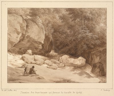 Krysset mellom de to elvene som danner Cascade de Grésy av Unknown artist