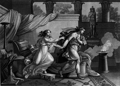 Josef flykter fra kona til Putiphar (Potifar) og søker å forføre litografi fra 1800-tallet av Unknown artist