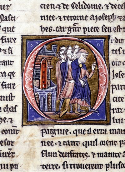 Joseph of Arimathia (Arimatee) og hans oppfølger. Manuskript: Conquest of the Holy Grail, skrevet 717 år etter lidenskapen til vår herre. Bibliotheque Municipale de Rennes, ms. 255 (Samling av romaner om det runde bord); Paris av Unknown artist