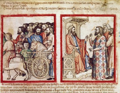 Joseph til venstre til farens begravelse, han går etter farao-miniatyren fra codex 212 (eller padovano-kodice eller Bible of Padua) 1390-1400 Rovigo, Accademia dei Concordi av Unknown artist