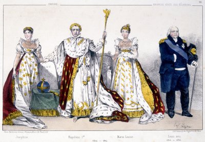 Josephine, Napoleon 1er, Marie Louise og Louis XVIII - i «La Monarchie francaise en estampes»» av Unknown artist