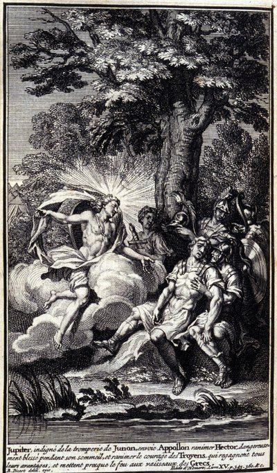 Jupiter, uverdig Junos bedrag, sender Apollo for å gjenopplive Hector farlige sår under søvnen, og gjenopplive motet til trojanerne, som gjenvinner alle sine fordeler og nesten satte fyr på de greske skipene. Illustrasjon av bok XV av Iliaden av av Unknown artist