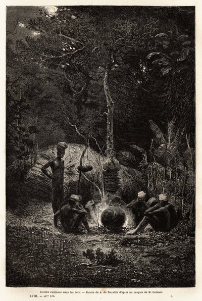 Kanaks matlaging i skogen, på territoriet til Pamale. Gravering for å illustrere turen til Ny-Caledonia, av Jules Garnier, sivilingeniør i gruver, i 1863-1866, publisert i "Le tour du monde, nouveau journal des voyages", redigert av Edouard C av Unknown artist