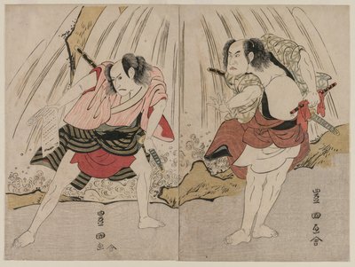 Kataoka Nizaemon VII og Ichikawa Yaozo III i en konfrontasjon ved siden av en foss av Unknown artist