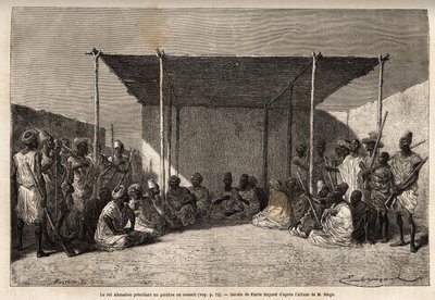 Kong Ahmadou presiderer over et råd eller palabre i Toucouleur-imperiet i Segou Sikoro (Mali), vise menn sitter og krigerne satt, kongen holder en muslimsk rosenkrans i hendene. Gravering for å illustrere reisen til Vest-Sudan til løytnant (Marine) M av Unknown artist