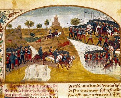 Kong Alexander den store (356-323 f.Kr.) og hans hær passerer tigeren og miniatyreufraten fra "" Faktabok om Alexander den store"" av Quintus Curtius Rufus (Quinte Curce) (1. århundre), ca. 1468. (Ms. 1335) Reims. Kommunebibliotek av Unknown artist