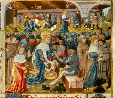 Kong Louis IX (1214-1270) (Saint Louis) vasker føttene til de fattige og scener med kristen veldedighet fra King Miniature hentet fra et manuskript "The Book of Facts of Monsignor Saint Louis""" 1400-tallet. Paris, BN av Unknown artist